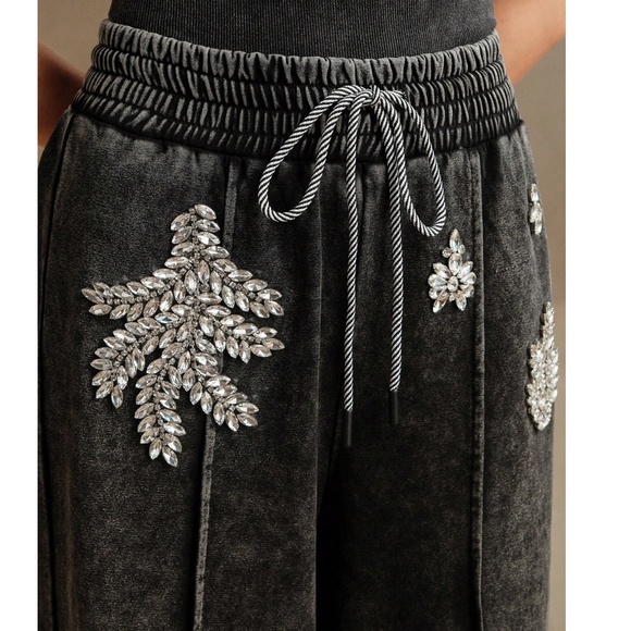 Mineral wash Rhinestone detail Stretchy Waist Straight Leg Pants - Picture 2 of 4